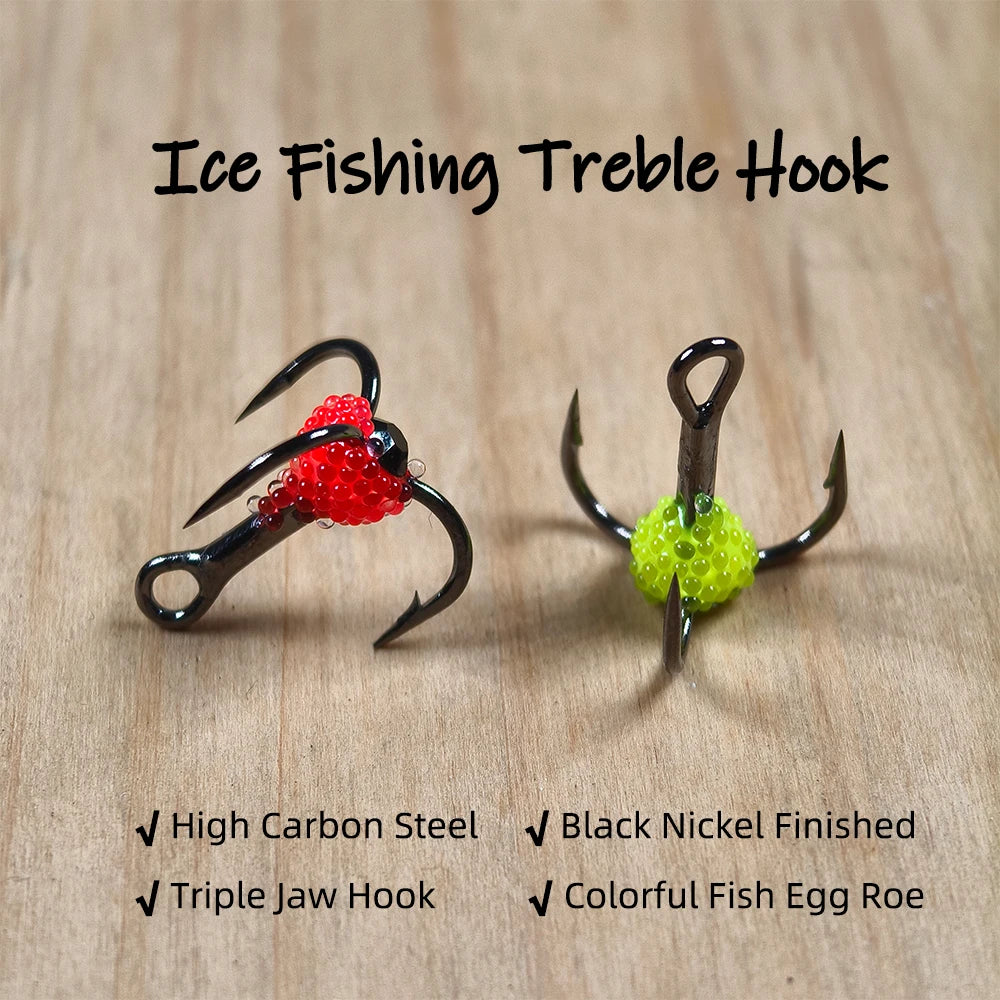 Two colorful ice fishing treble hooks with fish egg roe beads on wood surface, high carbon steel.