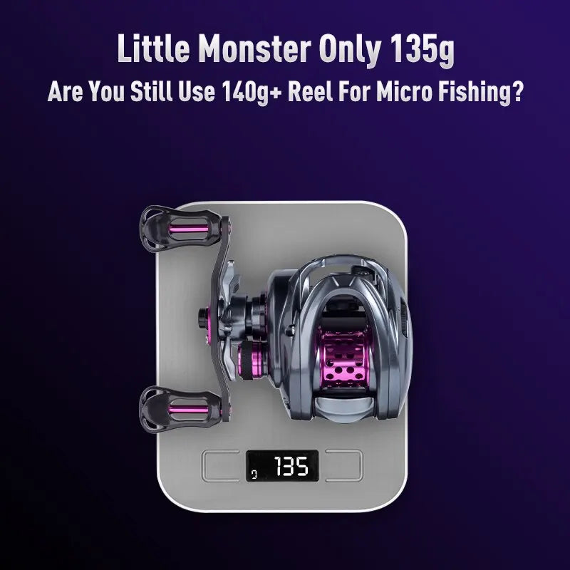 Lightweight micro fishing reel weighing 135g on digital scale, metallic purple and black design