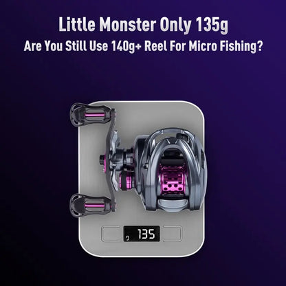 Lightweight micro fishing reel weighing 135g on digital scale, metallic purple and black design