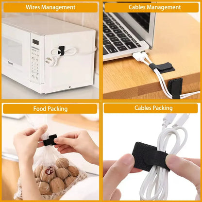 Set of black hook-and-loop cable straps bundling white cords and wires for tidy home organization.