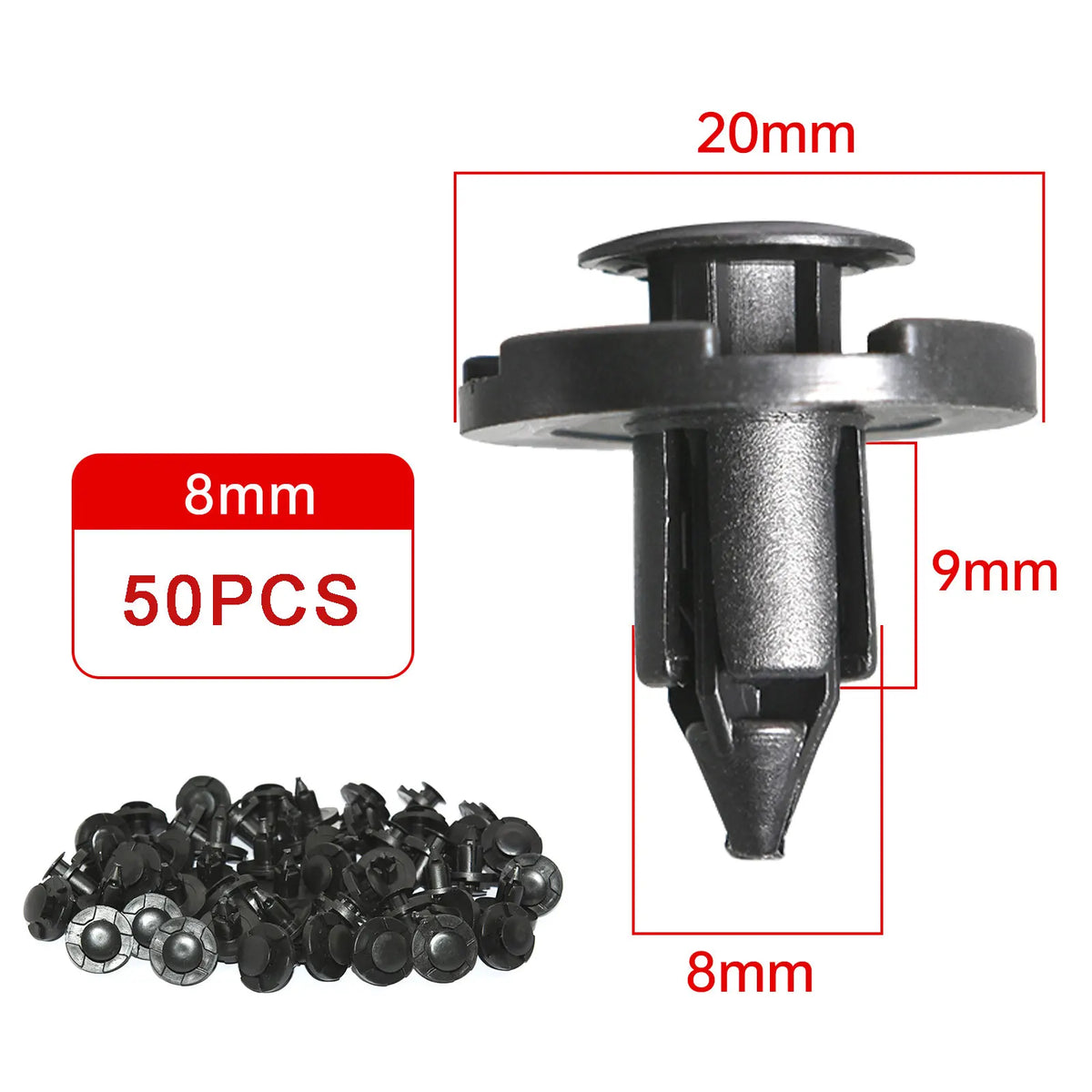 Black 8mm auto bumper clips, 9mm push pin style with round head and barbed stem.
