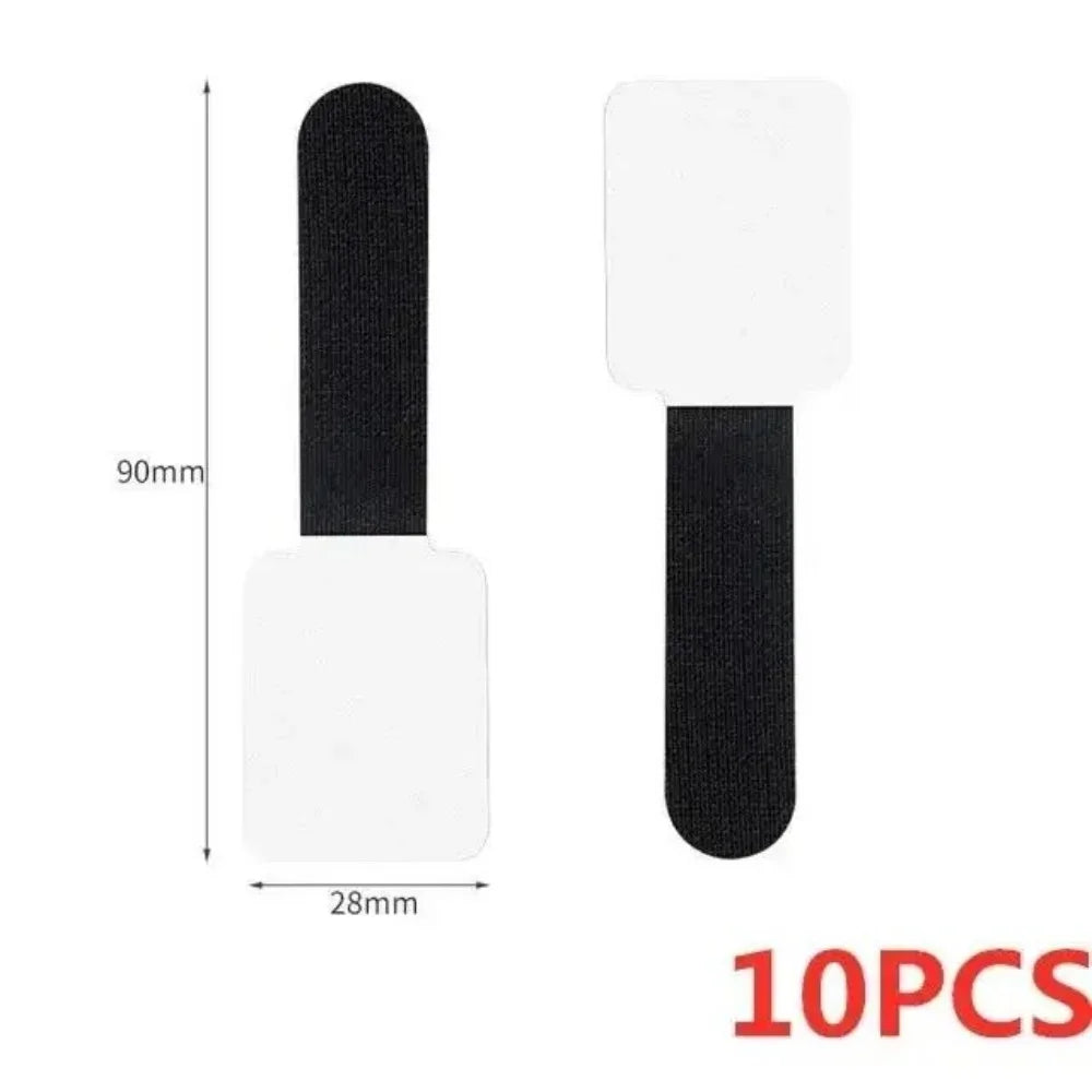 Set of black fabric hook-and-loop cable straps with rectangular pull tabs, size 90mm x 28mm for organizing wires.