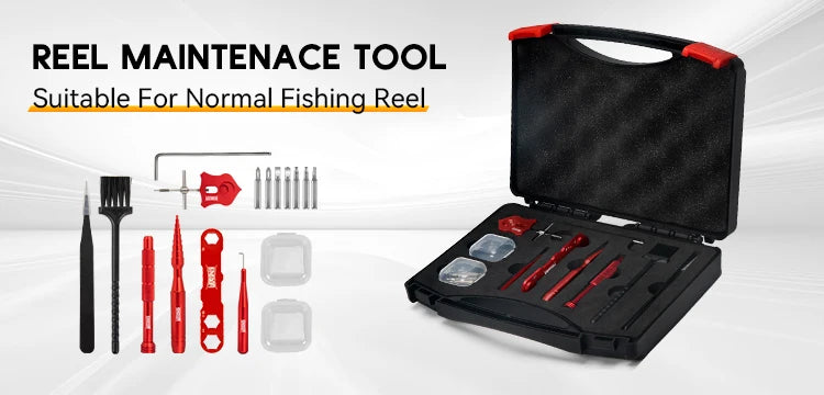 Fishing reel maintenance tool kit with case, various tools, and accessories on white background