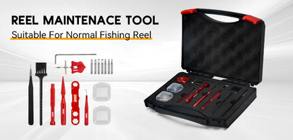Fishing reel maintenance tool kit with case, various tools, and accessories on white background