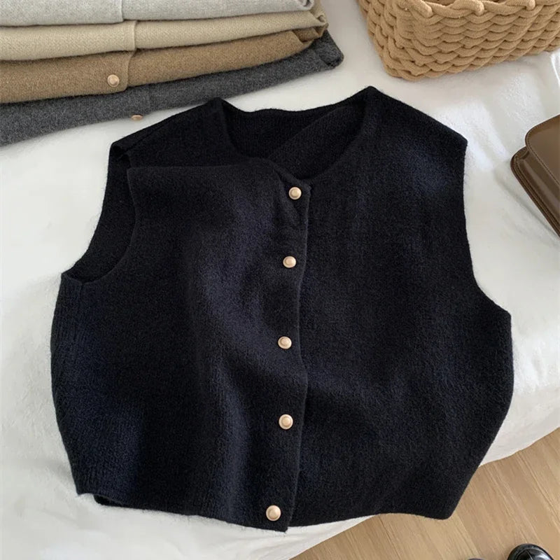 Chic HookUpCo. Women's Knitted Sweater Vest with Gold Buttons