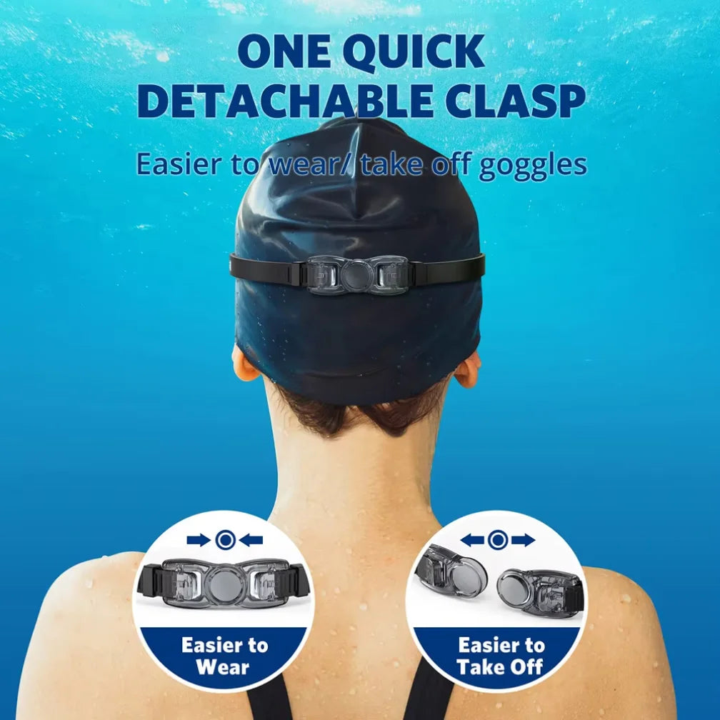 HookUpCo anti-fog UV swim goggles with clear lenses and adjustable black strap on blue water background.