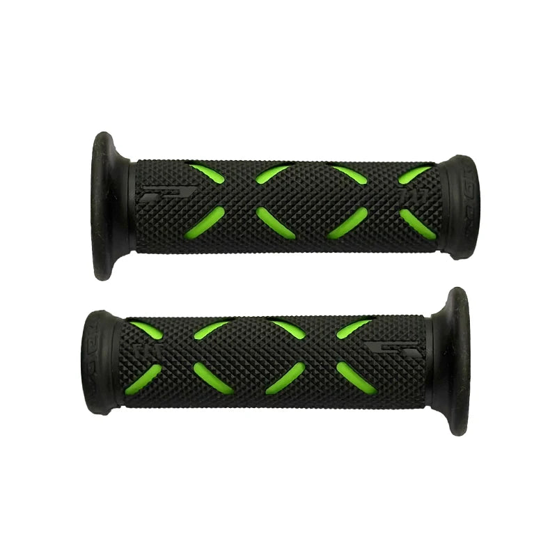 Pair of HookUpCo 22mm universal bike grips, black textured rubber with neon green accents and end caps.