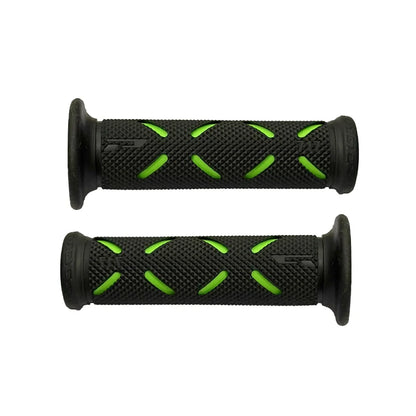 Pair of HookUpCo 22mm universal bike grips, black textured rubber with neon green accents and end caps.