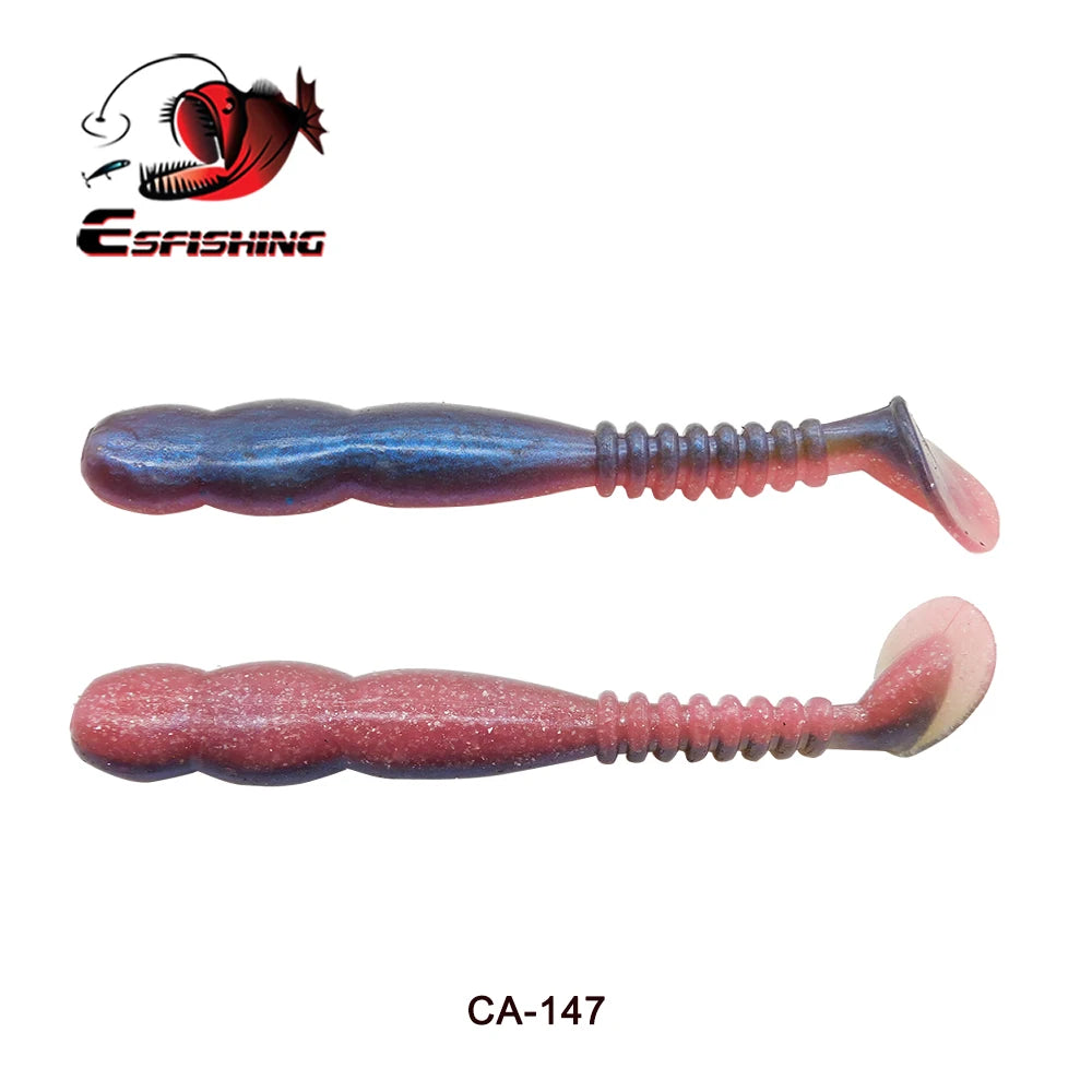 Soft plastic fishing lures in red and blue glitter, paddle tail design, labeled CA-147
