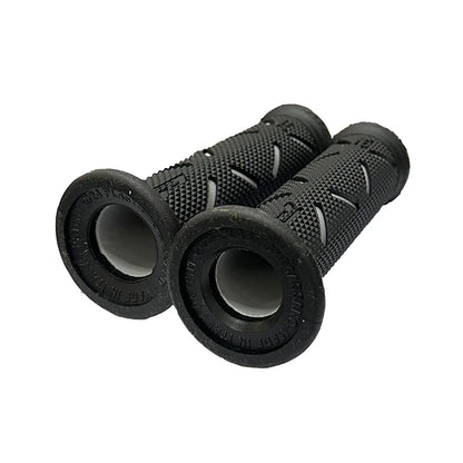 HookUpCo 22mm universal black rubber motorcycle handlebar grips with textured pattern and end caps.