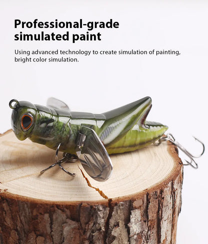 Realistic grasshopper fishing lure with metal hooks on tree stump, outdoor gear accessory