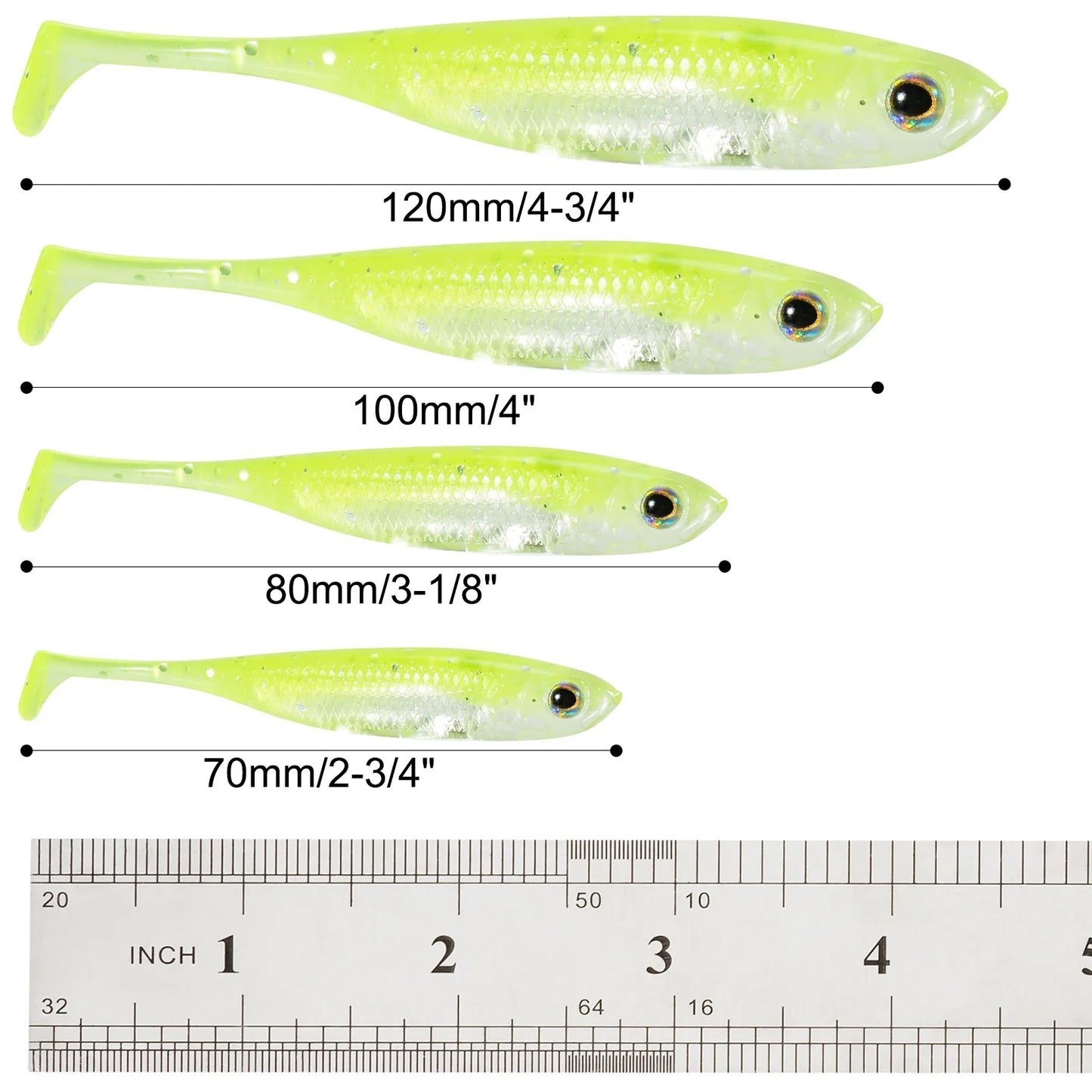 Set of four soft plastic fishing lures in yellow with ruler and size labels from 70mm to 120mm