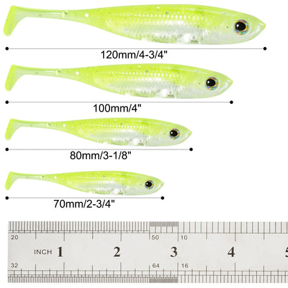 Set of four soft plastic fishing lures in yellow with ruler and size labels from 70mm to 120mm
