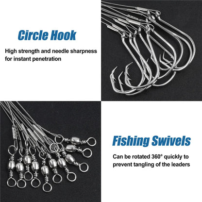 10 Premium Circle Hooks with Steel Leaders for Saltwater Fishing