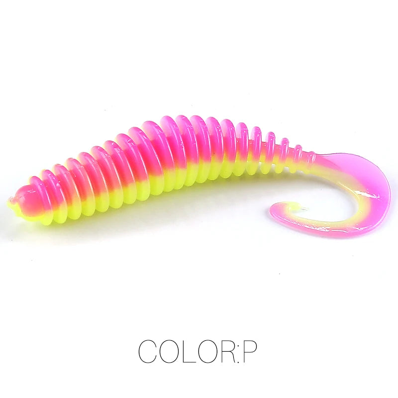 Curly tail soft plastic fishing lure in bright pink and yellow gradient, white background