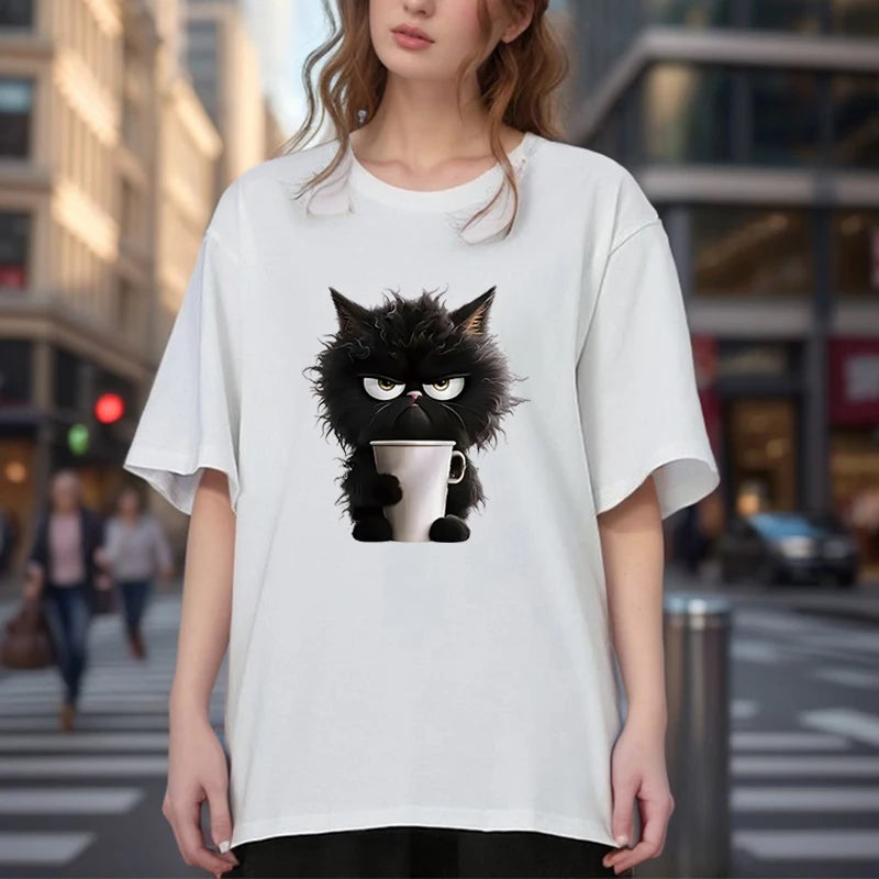 Oversized Funny Cat Graphic Tee for Women - Summer Casual Top