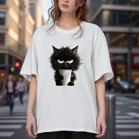 Oversized Funny Cat Graphic Tee for Women - Summer Casual Top
