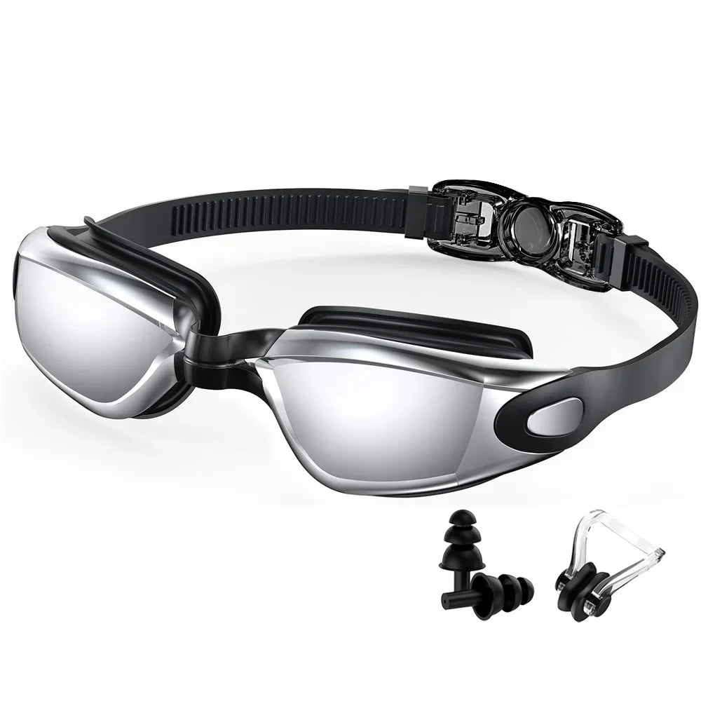 HookUpCo anti-fog UV swim goggles with clear mirrored lenses and black adjustable silicone strap.