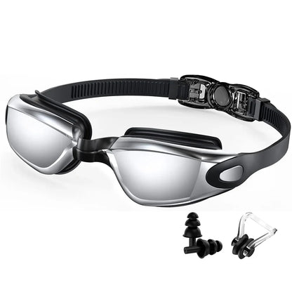 HookUpCo anti-fog UV swim goggles with clear mirrored lenses and black adjustable silicone strap.