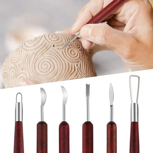 6-Piece Pottery Tool Set with Wood Handles for Sculpting