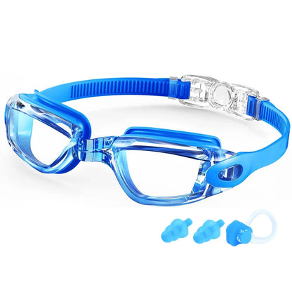 Blue and clear anti-fog UV swim goggles with adjustable strap and nose bridge.