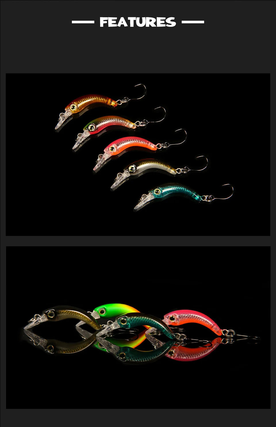 Colorful fishing lures with hooks displayed on a black background, ideal for outdoor fishing.