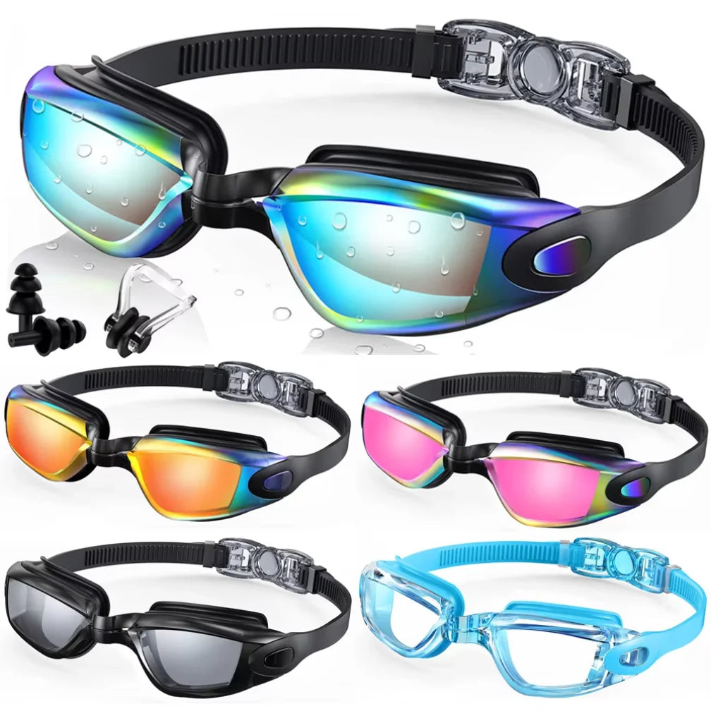 HookUpCo anti-fog UV swim goggles with rainbow mirrored lenses and black adjustable strap.