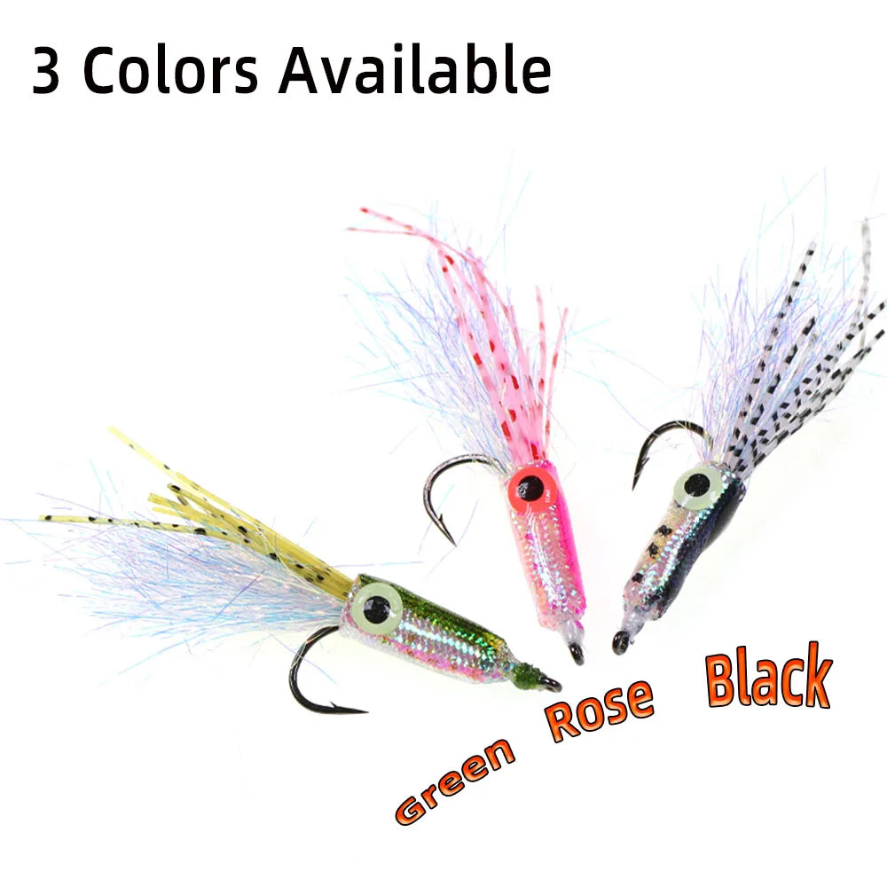 Three colorful fishing lures in green, rose, and black with glittery details and hooks.