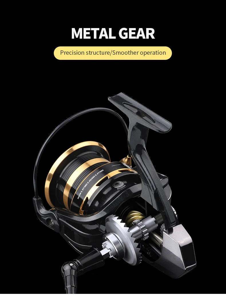 Black and gold metal fishing reel with exposed precision gears on black background