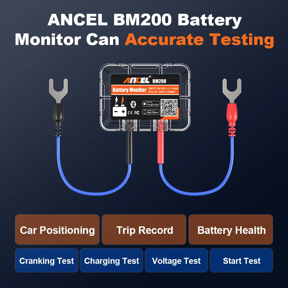 ANCEL BM200 battery monitor with connectors on a dark background