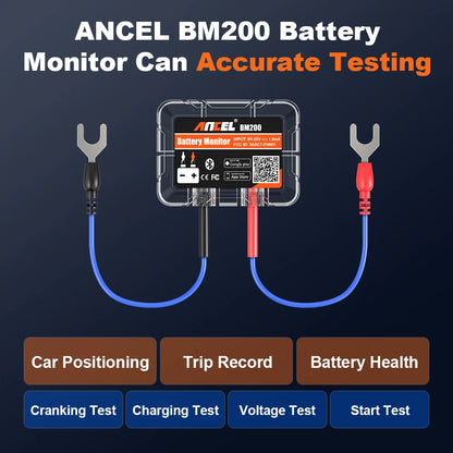 ANCEL BM200 battery monitor with connectors on a dark background