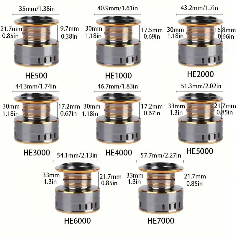 Variety of metal fishing reel spools in different sizes with detailed measurements labeled.