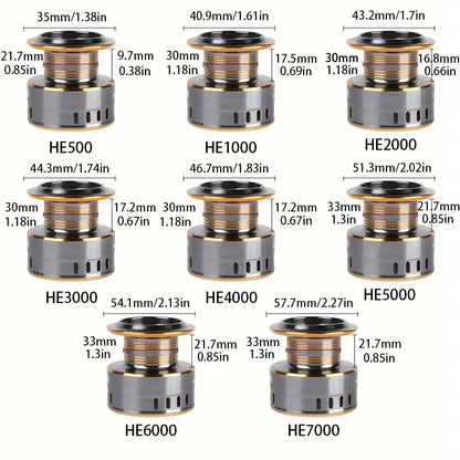 Variety of metal fishing reel spools in different sizes with detailed measurements labeled.