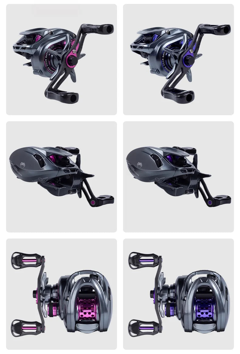 Metallic baitcasting fishing reels with purple and pink accents, shown from multiple angles.