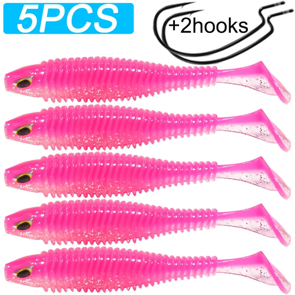 Set of 5 pink soft plastic fishing lures with 2 hooks, outdoor fishing tackle.