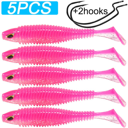 Set of 5 pink soft plastic fishing lures with 2 hooks, outdoor fishing tackle.