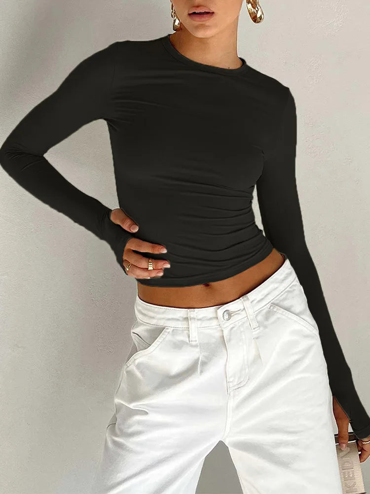 Slim Fit Long Sleeve Crop Top with Thumb Holes for Summer