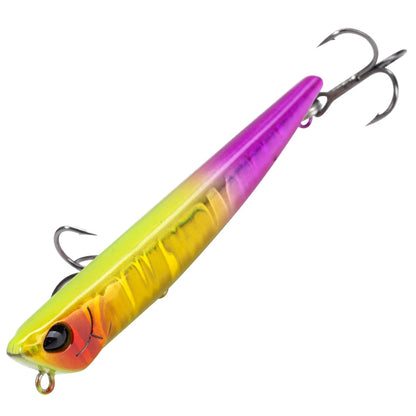 Colorful fishing lure with treble hooks for outdoor angling, gradient yellow to purple