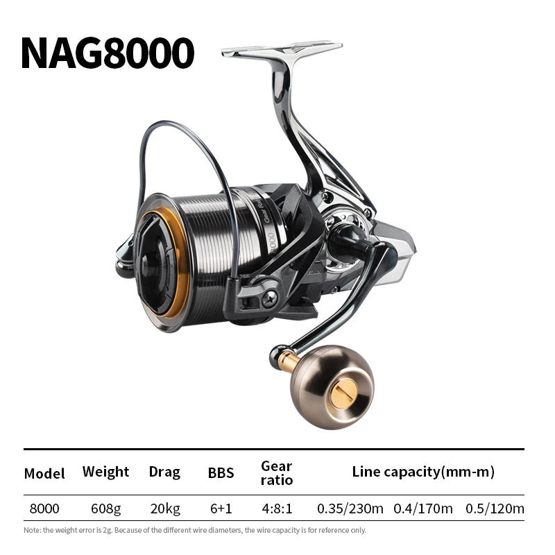 NAG8000 spinning fishing reel, silver and gold, with gear ratio and capacity specs displayed
