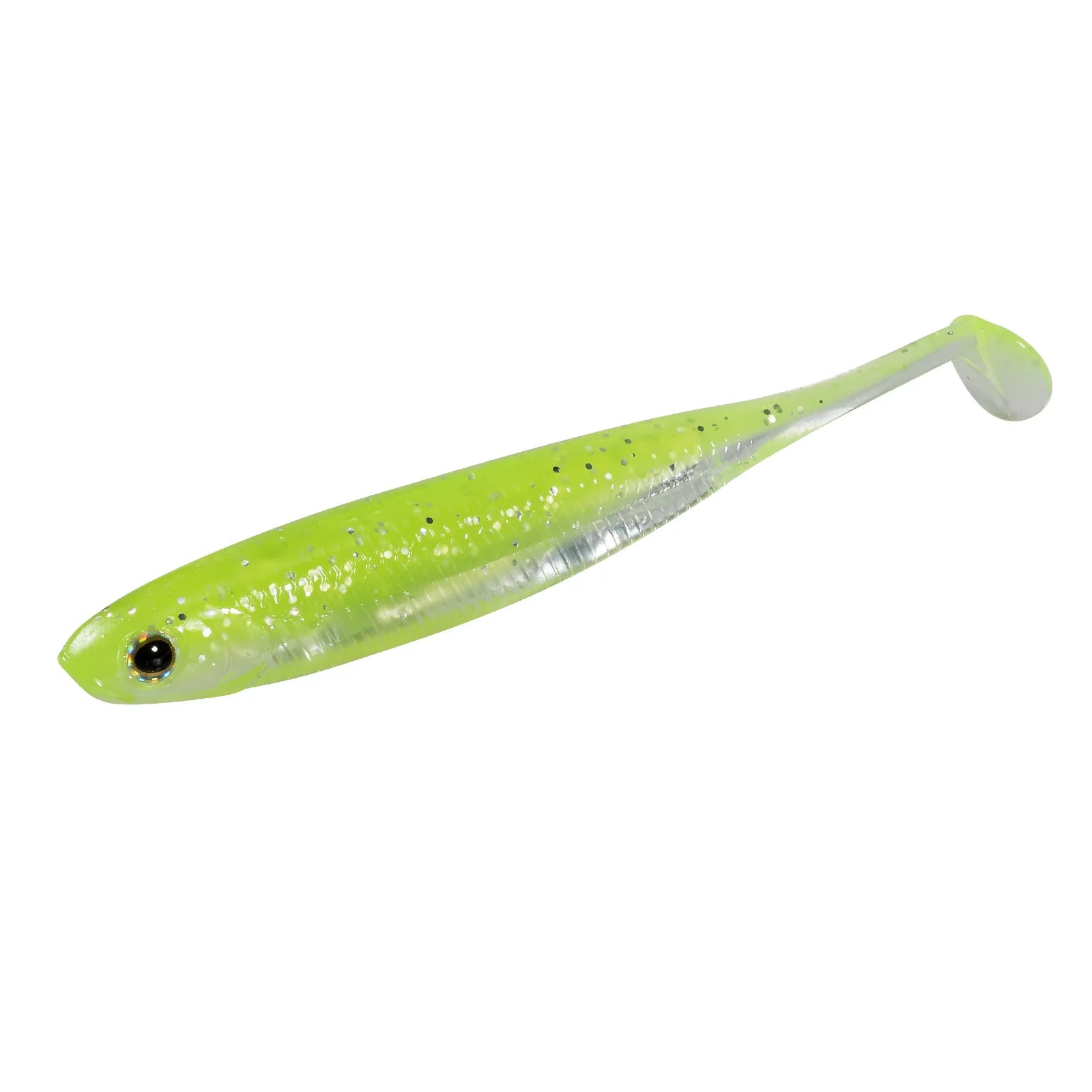 Chartreuse and silver soft plastic fishing lure with paddle tail, isolated on white background.