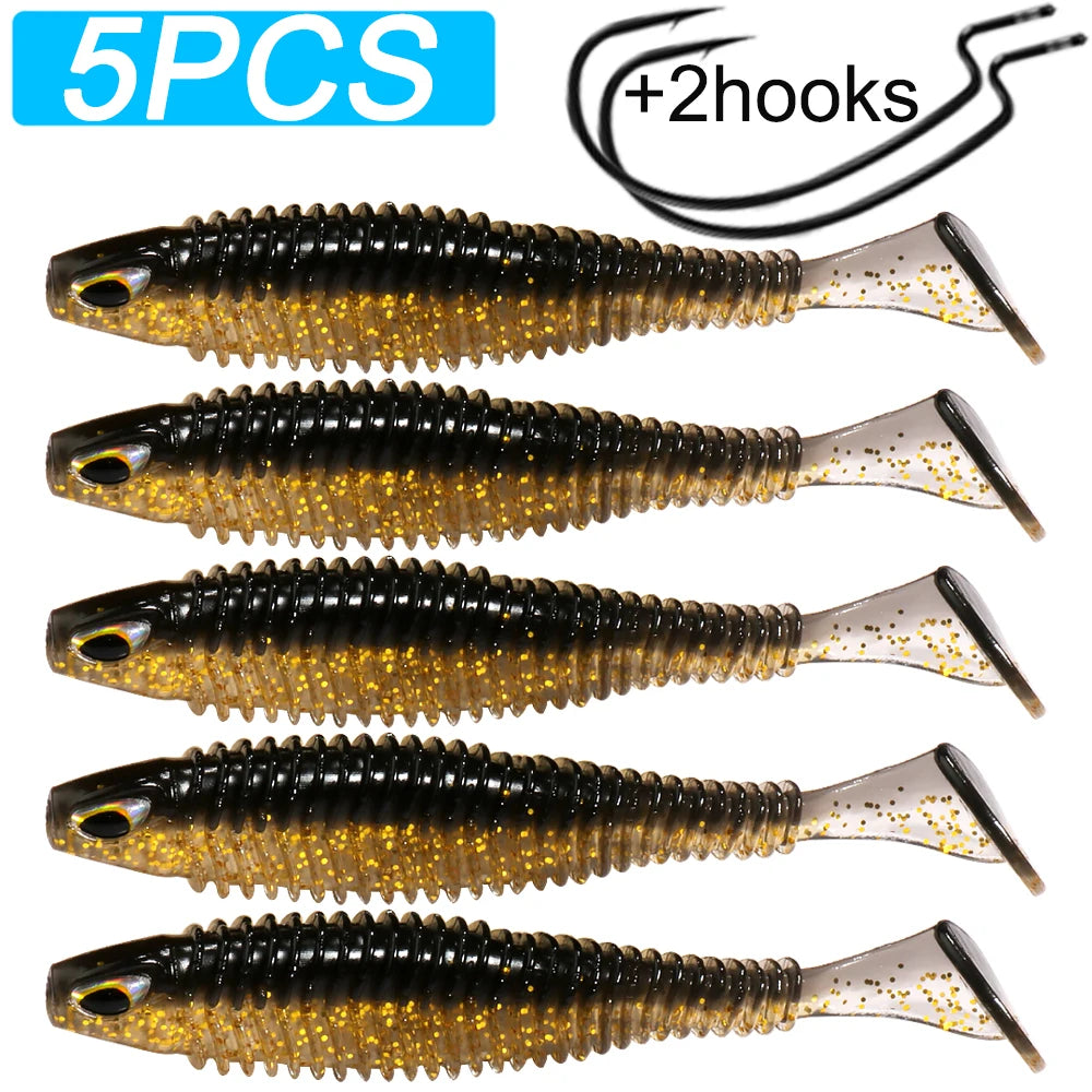 Set of 5 soft plastic fishing lures with gold glitter and 2 black hooks for outdoor fishing
