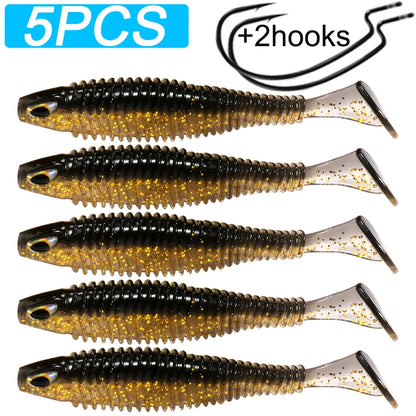 Set of 5 soft plastic fishing lures with gold glitter and 2 black hooks for outdoor fishing