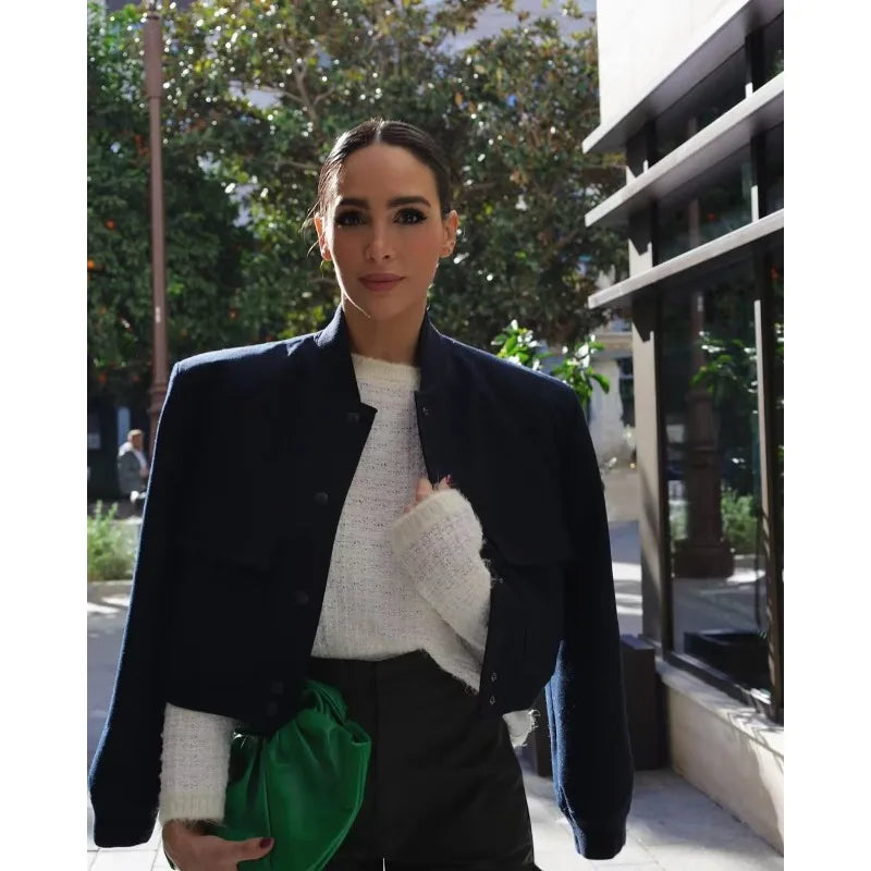 Woman Bomber Jacket White Autumn Winter Button Cropped Jackets Women Fashion Long Sleeve Coats