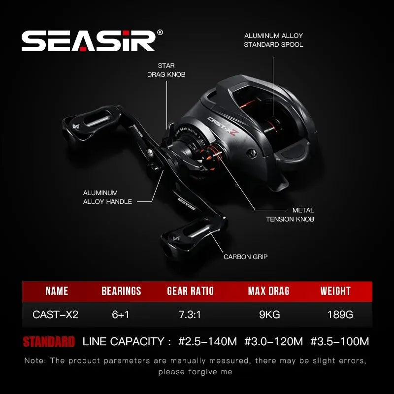 Black SEASIR baitcasting reel with labeled aluminum handle, carbon grip, and metal tension knob, suitable for outdoor fishing.