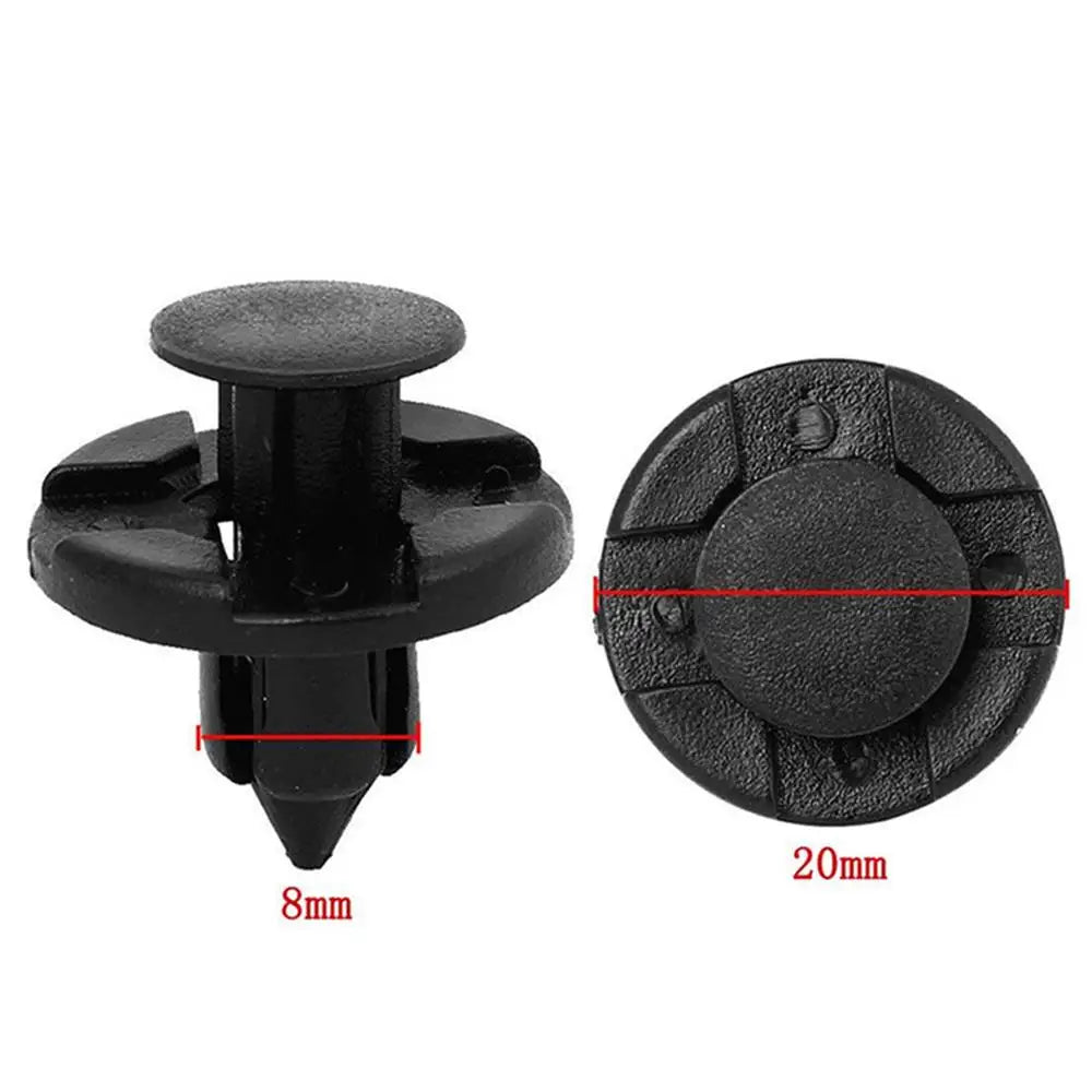 Black 8mm auto bumper clip with textured push-pin head and 20mm tab diameter.