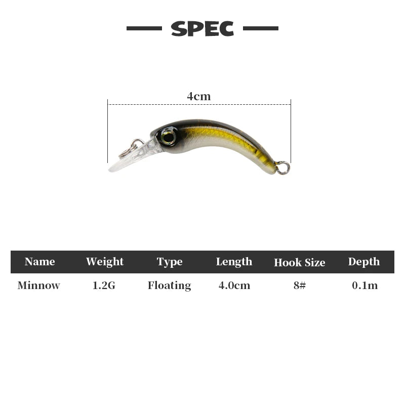 4cm floating minnow fishing lure with 8# hook, outdoor fishing gear specifications displayed