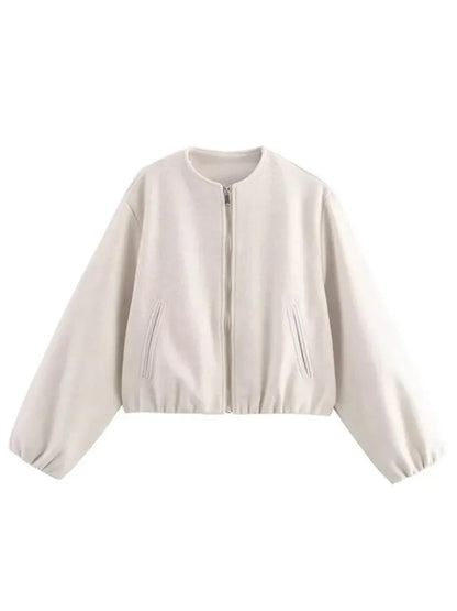 Retro Bomber Jacket for Women with Zipper and Elastic Hem