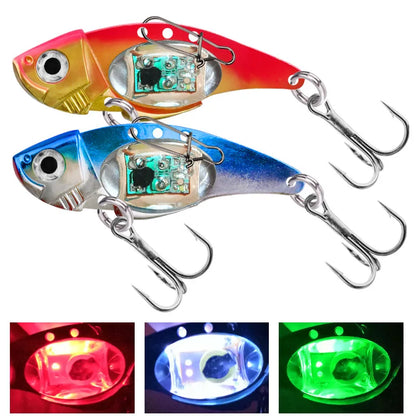 Two LED fishing lures with different color options on a white background.