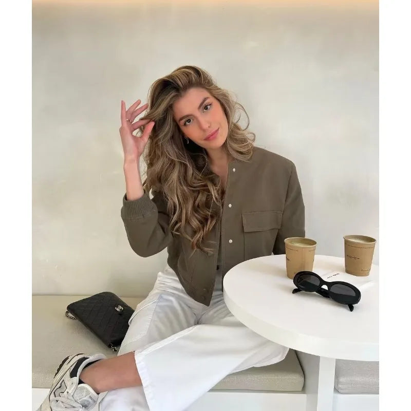 Woman Bomber Jacket White Autumn Winter Button Cropped Jackets Women Fashion Long Sleeve Coats