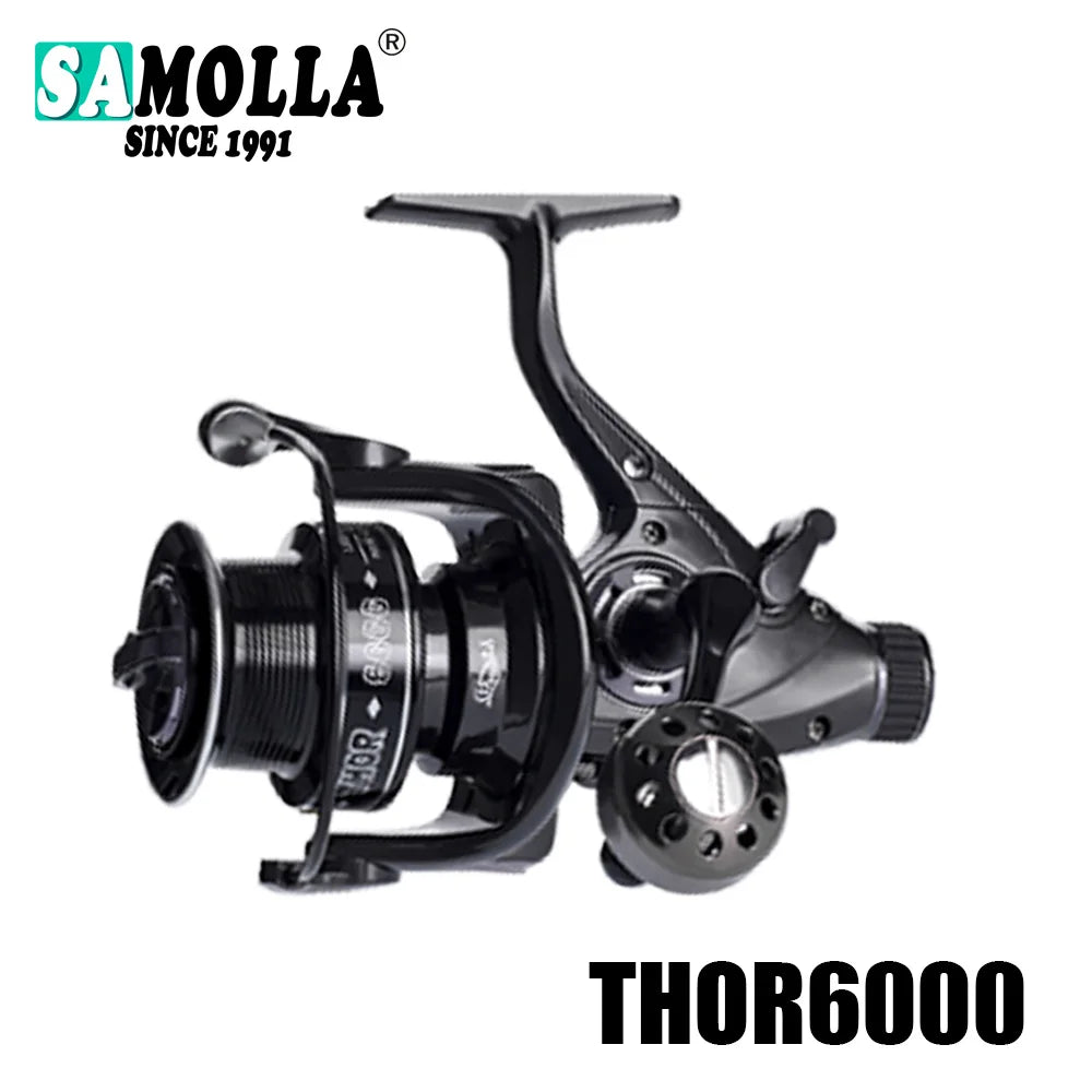Black THOR6000 fishing reel with handle, durable outdoor fishing gear on white background.